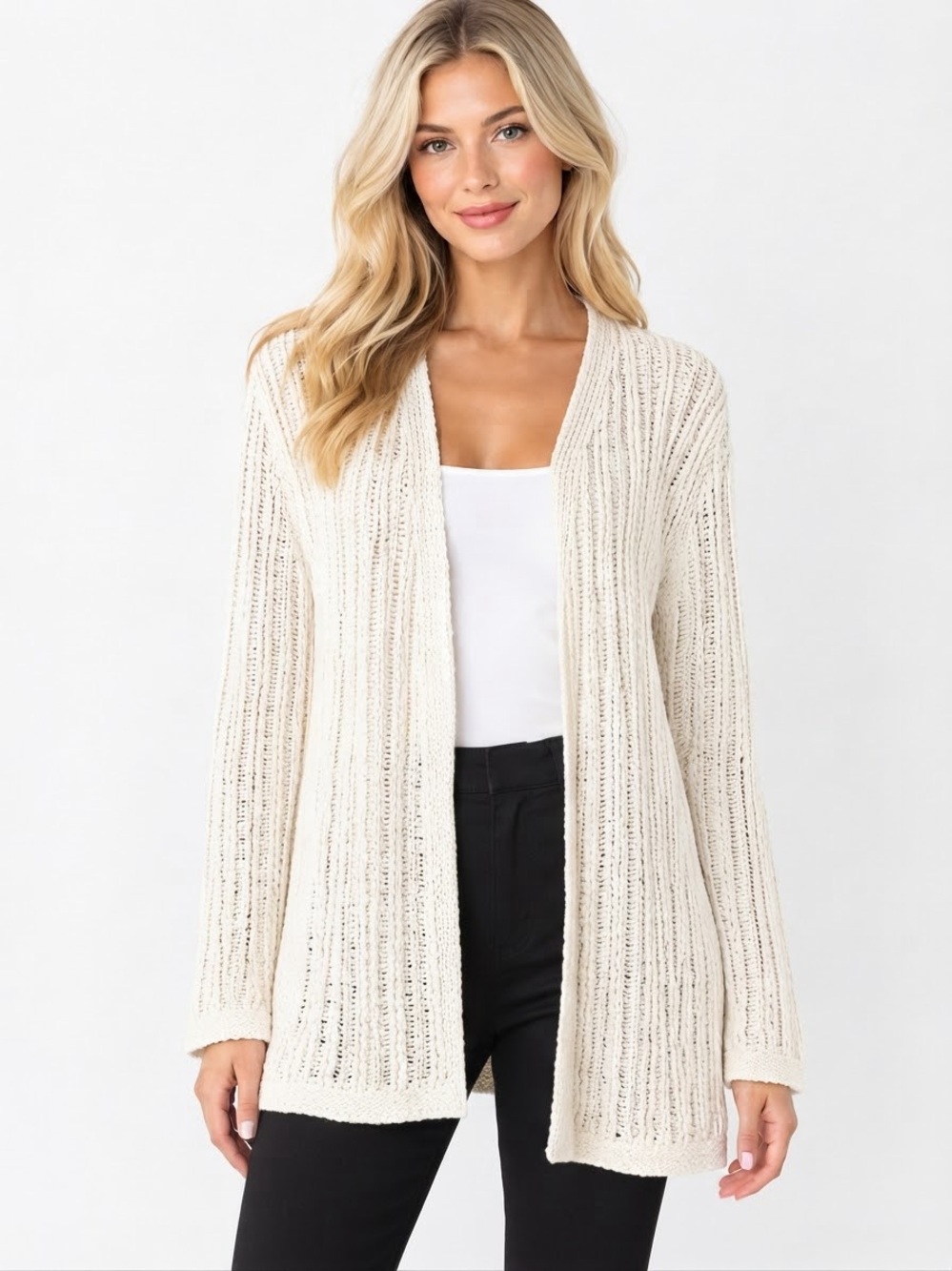 NWT J. Jill 100% Cotton Open-Front Cream Knit Cardigan Size Medium Lightweight